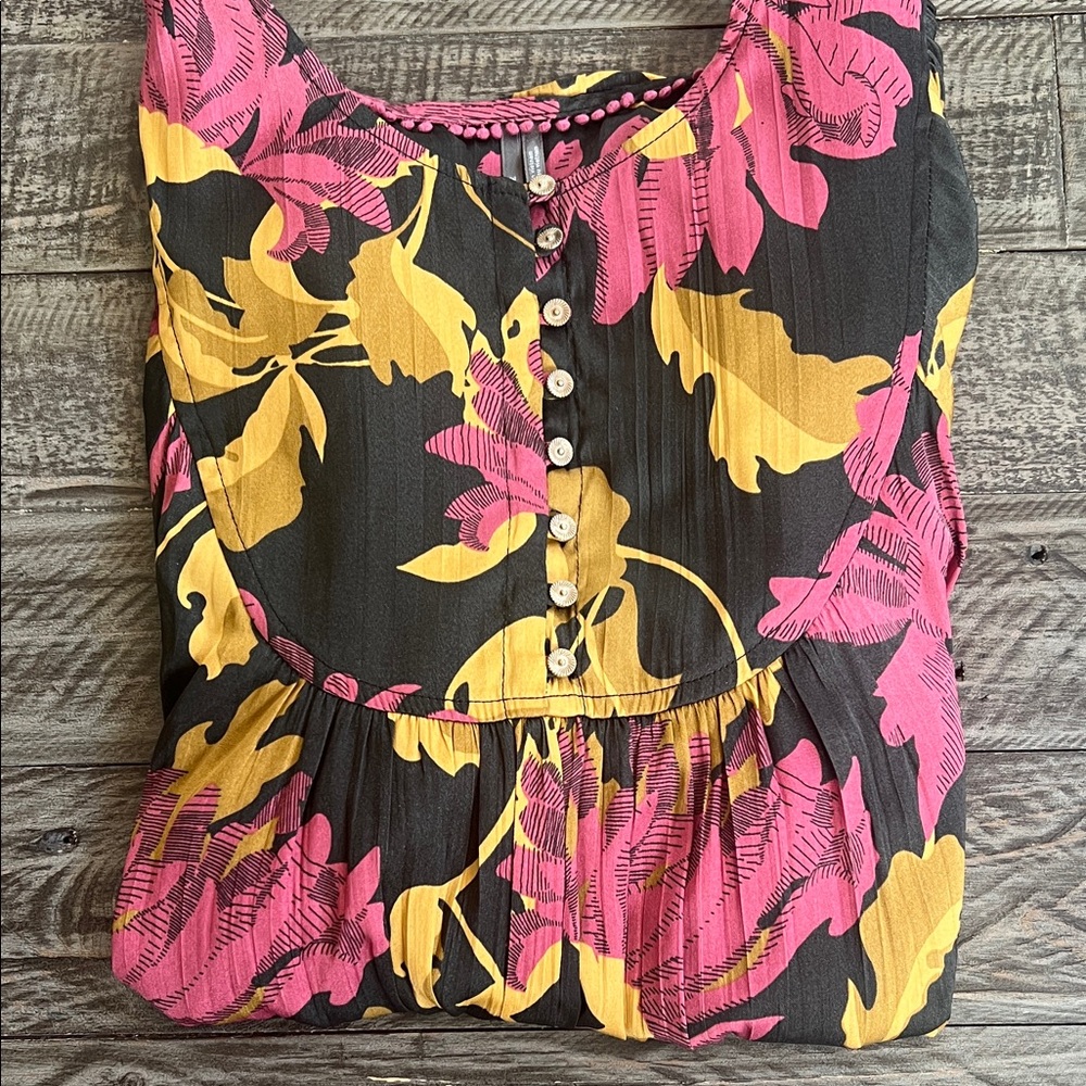 Anthropologie sz M Floral Button-Up Blouse - Black, Pink, Yellow like NEW